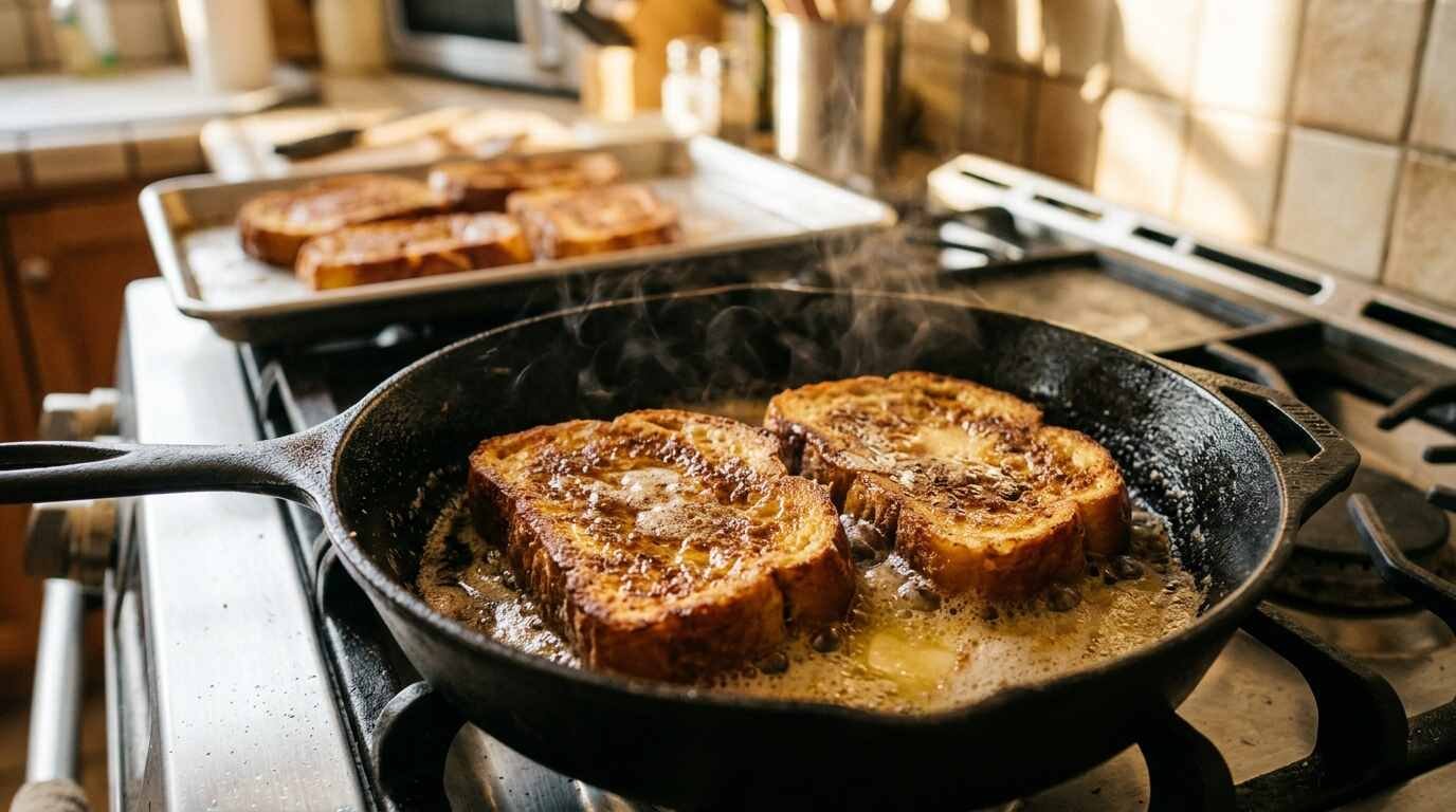 French toast browning in a cast iron skillet