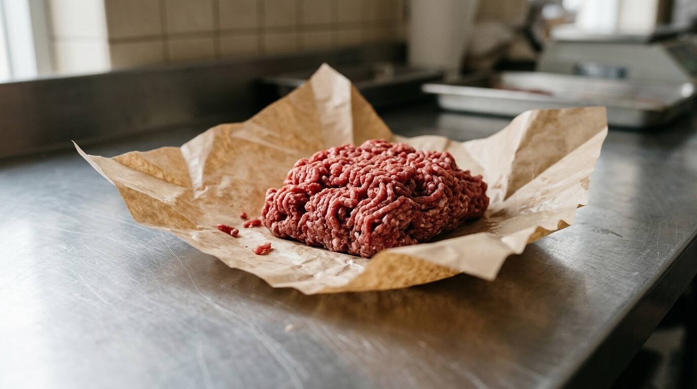 Fresh ground beef on plain butcher paper on a stainless steel counter