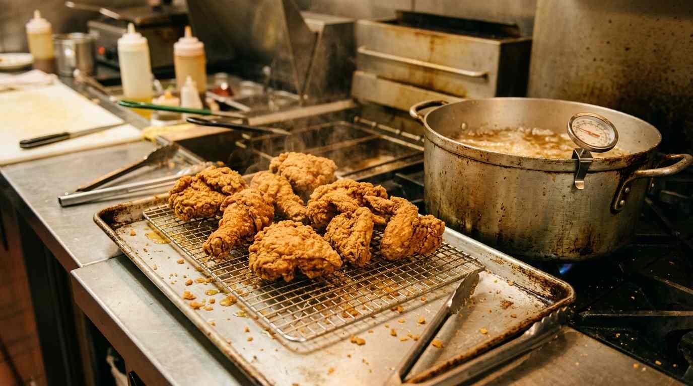 Fried chicken on a wire rack beside a pot of hot oil