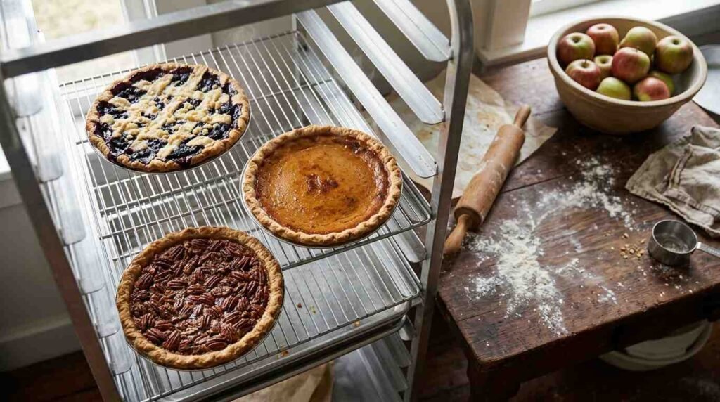 Fresh-baked fruit pies cooling on a rack