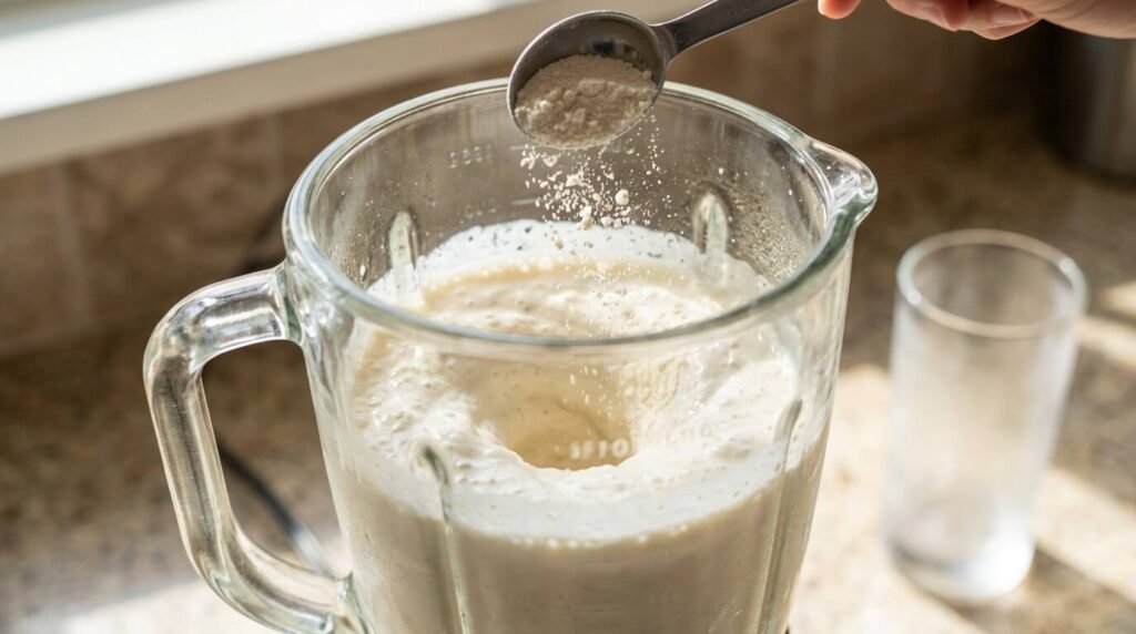 Glass blender mid-blend with vanilla ice cream and milk