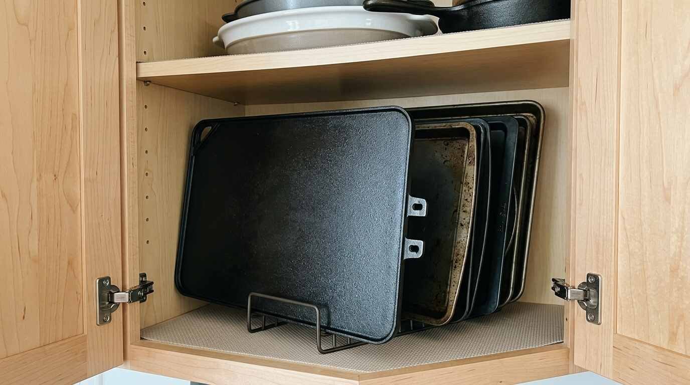 Griddle with detached handles stored in a kitchen cabinet