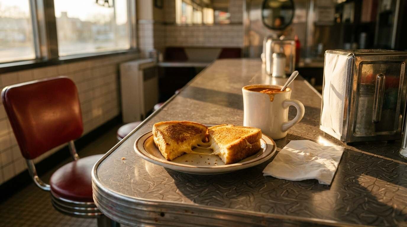 Grilled cheese and tomato soup on a classic diner counter