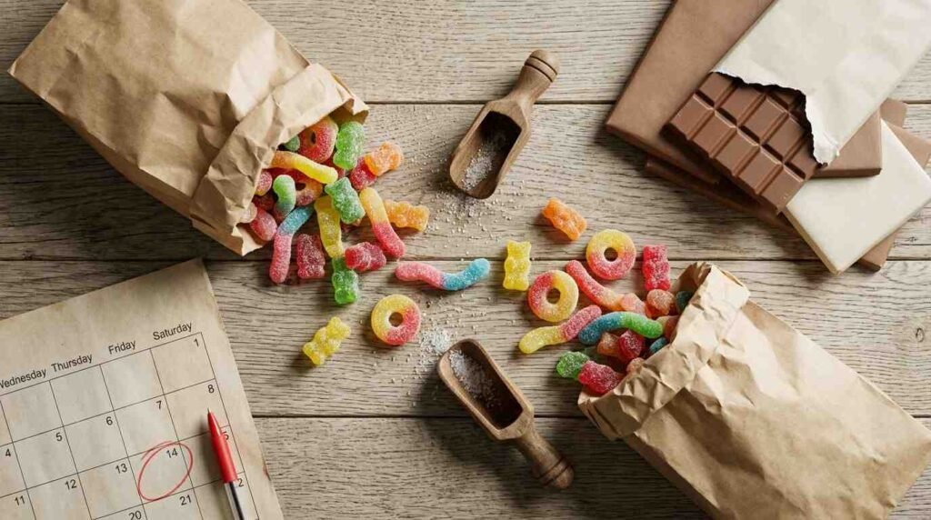 Gummies and chocolate bars on a wooden table