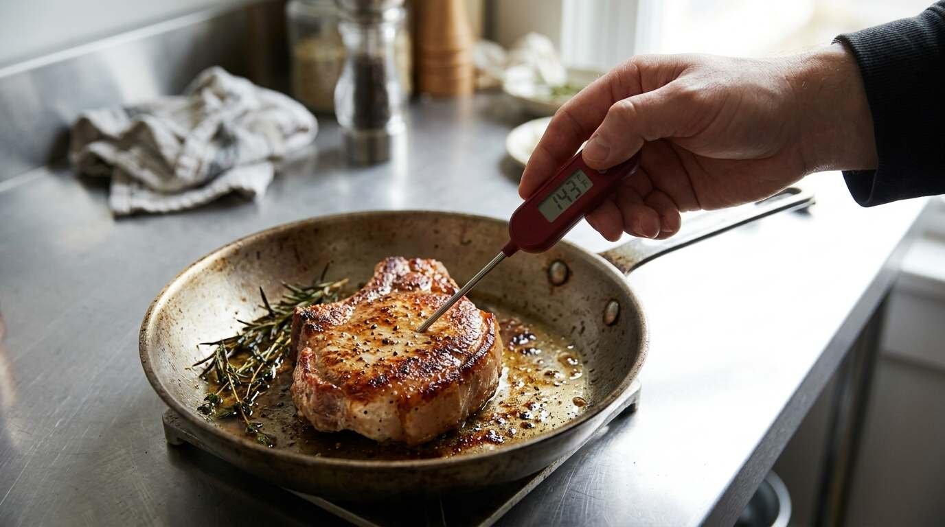 Digital instant-read thermometer checking a pan-fried pork chop