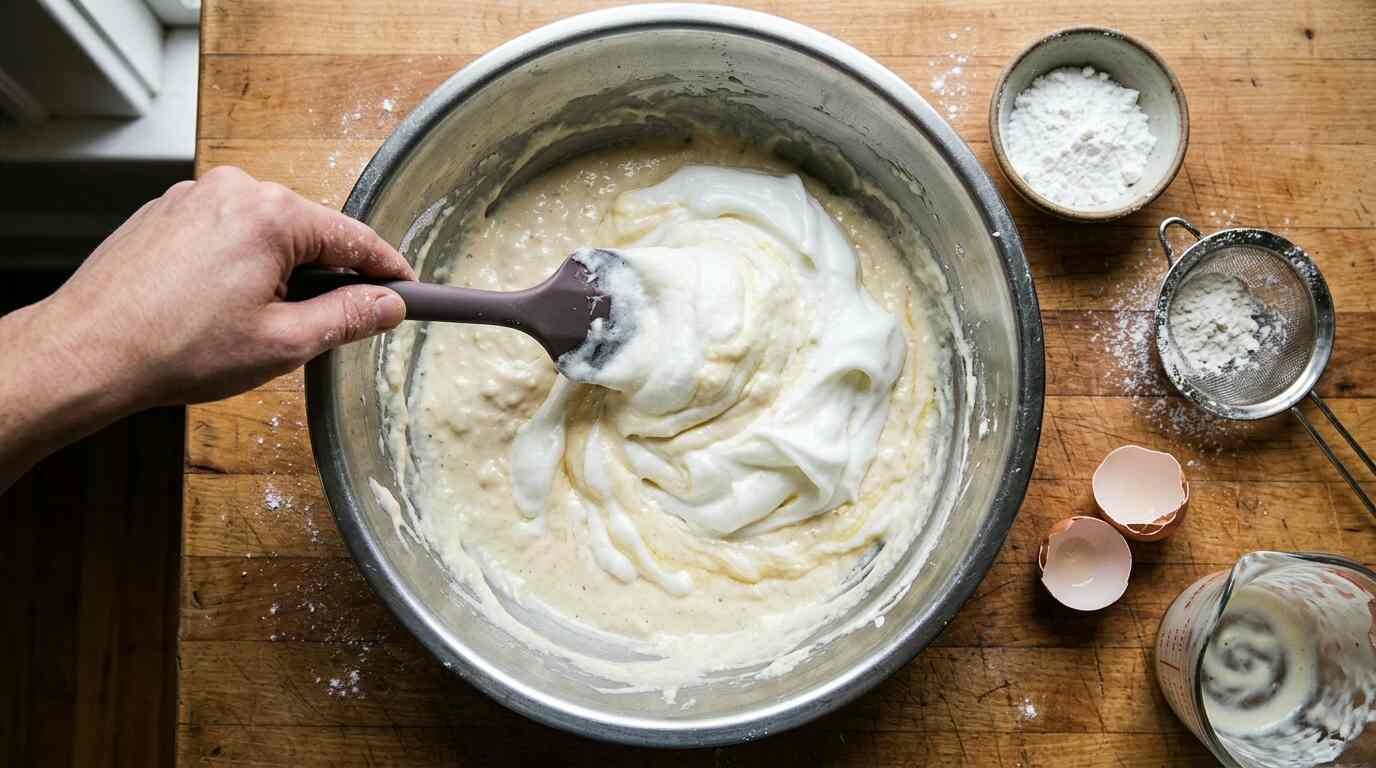 Folding whipped egg whites into buttermilk waffle batter