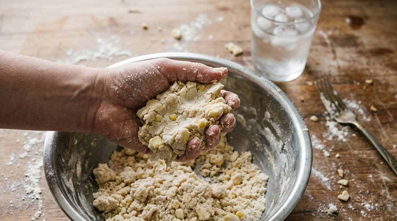 Hand squeezing shaggy pie dough to test hydration