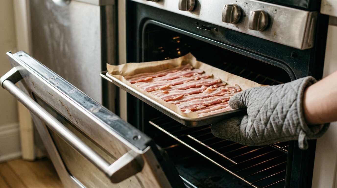 Hand sliding a sheet pan of bacon into a cold oven