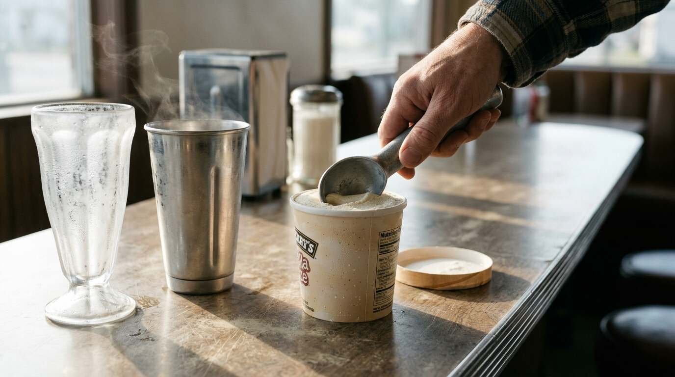 Hand pressing a scoop into softened vanilla ice cream beside a frosted glass