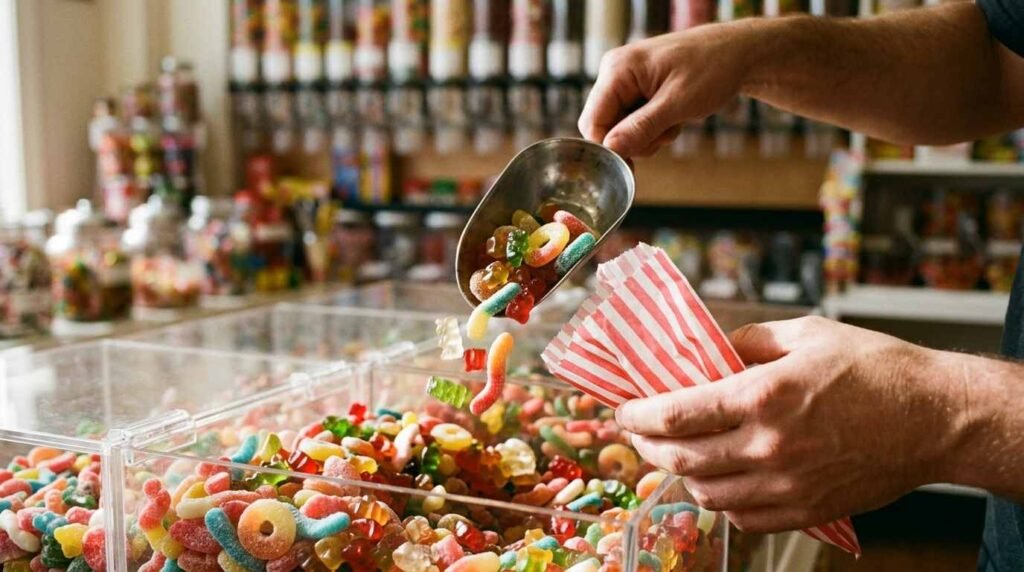 Hands filling a paper bag with gummy candy