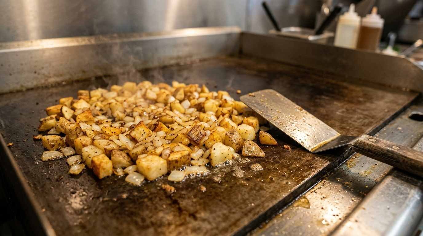 Home fries and onions sizzling on a flat griddle