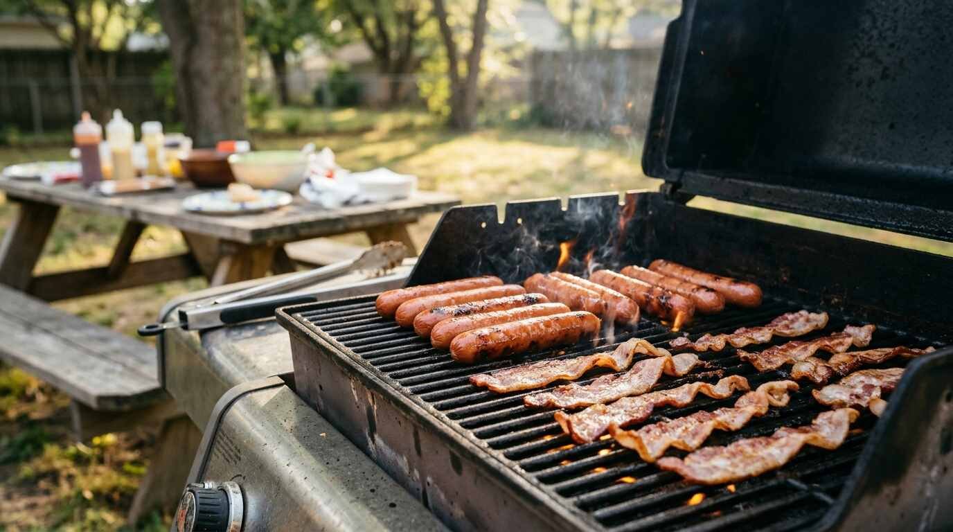 Hot dogs and bacon strips cooking on a backyard grill beside a picnic table