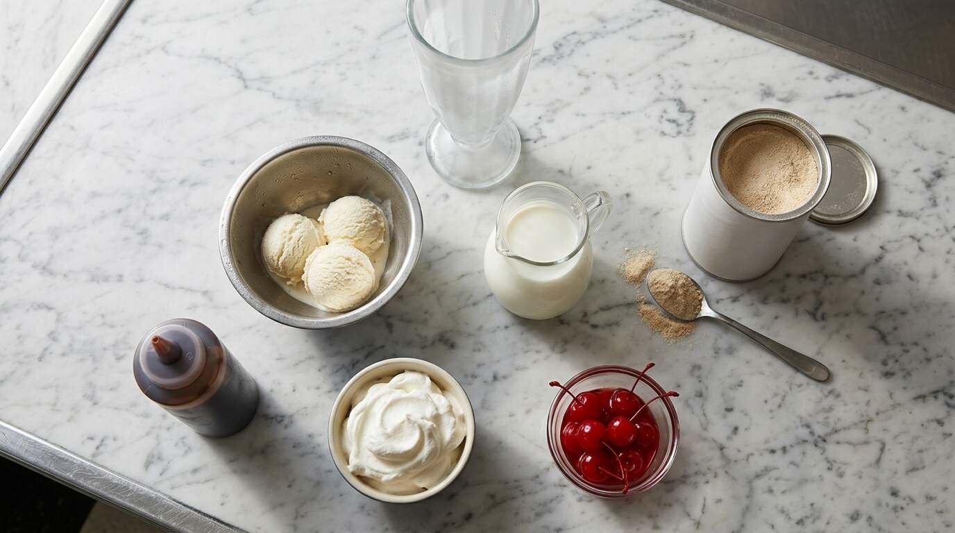 Ingredients for a chocolate malted laid out on a diner counter