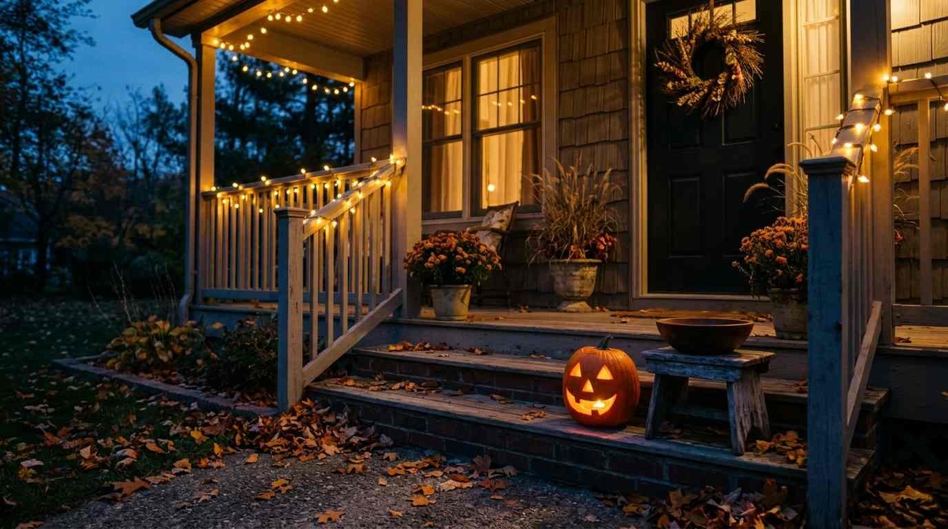 Quiet suburban porch at dusk with a glowing jack-o-lantern, an empty wooden bowl on a stool and string lights
