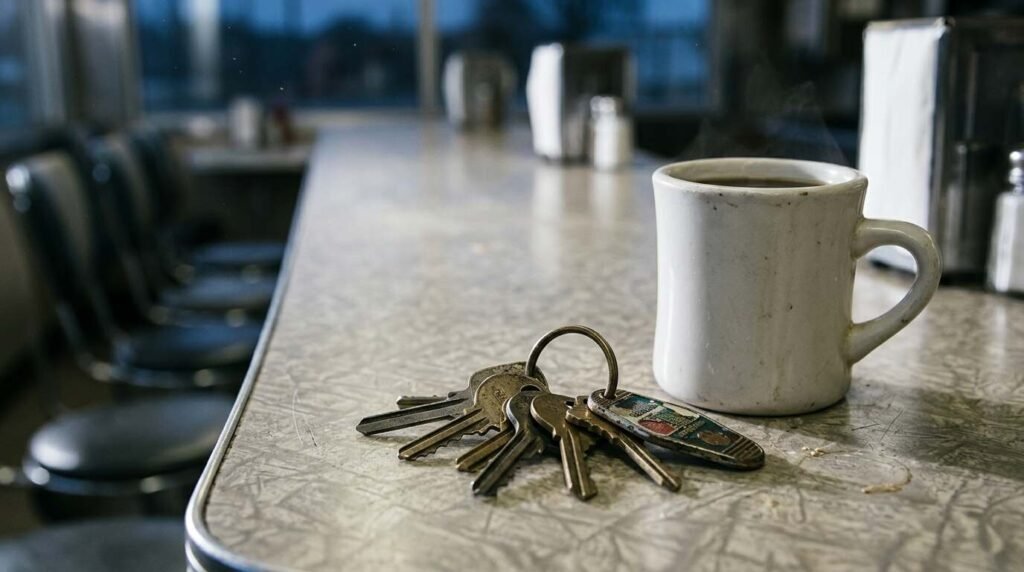 Brass key ring on a Formica diner counter beside a coffee mug