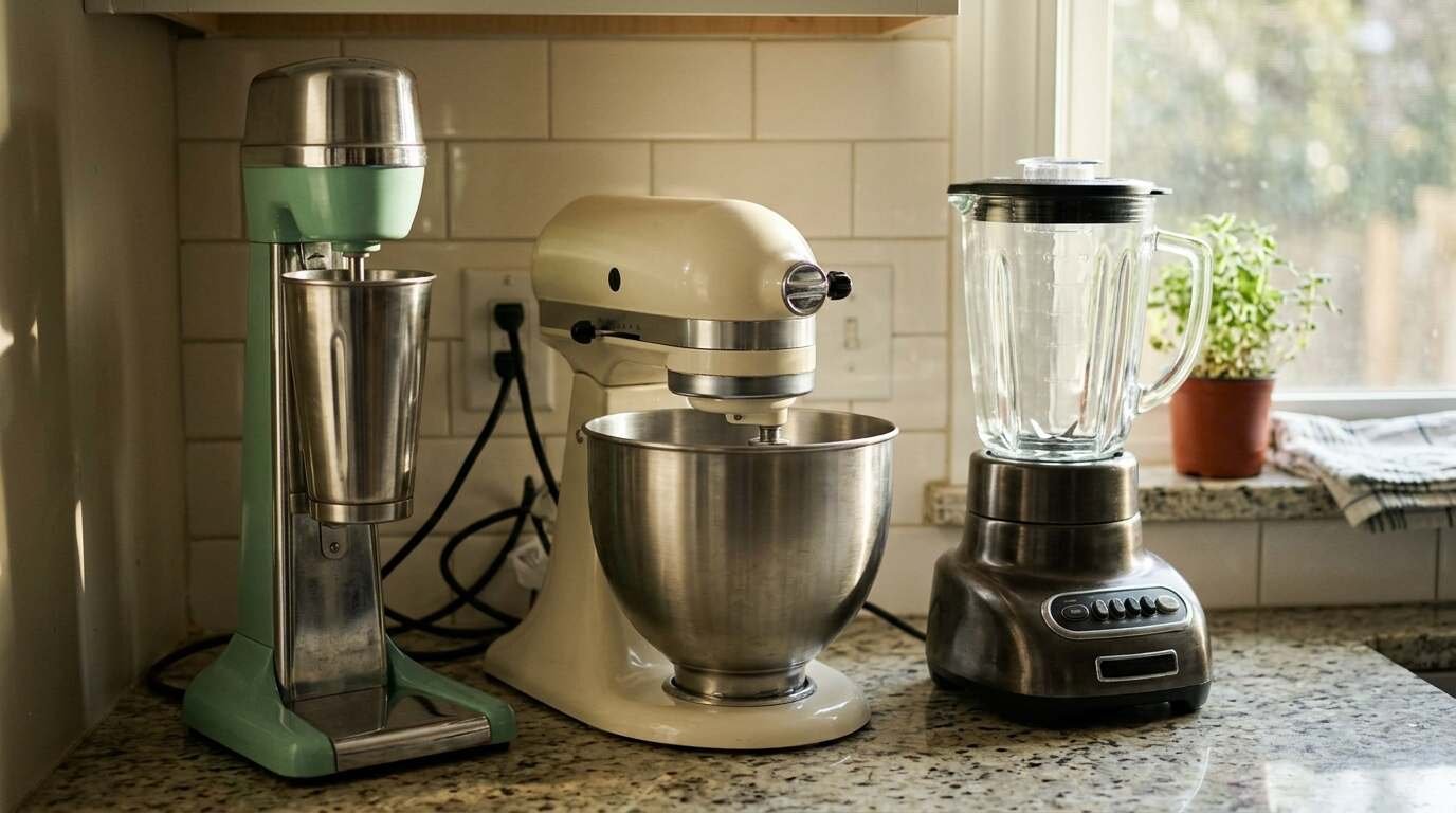 Spindle drink mixer on a home kitchen counter beside a stand mixer