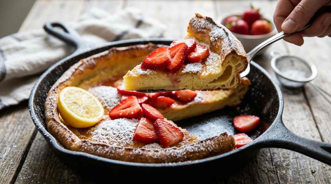 A wedge of Dutch baby with berries and lemon