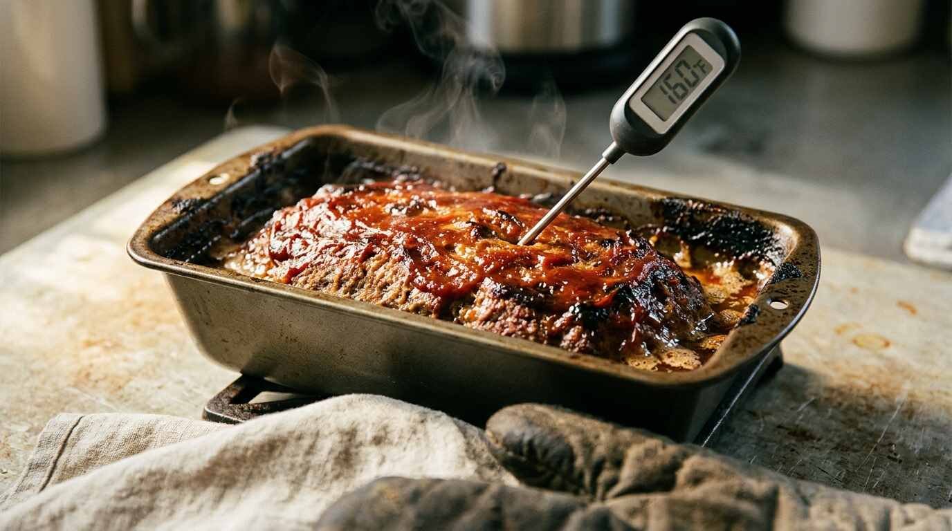 Baked meatloaf with a thermometer reading 160°F