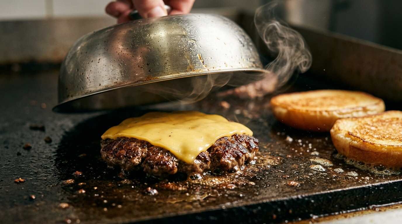 Cheese melting on a griddled burger patty