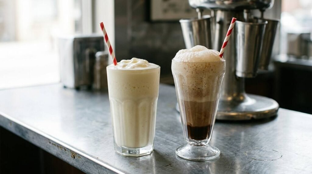 Milkshake and a New York egg cream side by side on a chrome diner counter