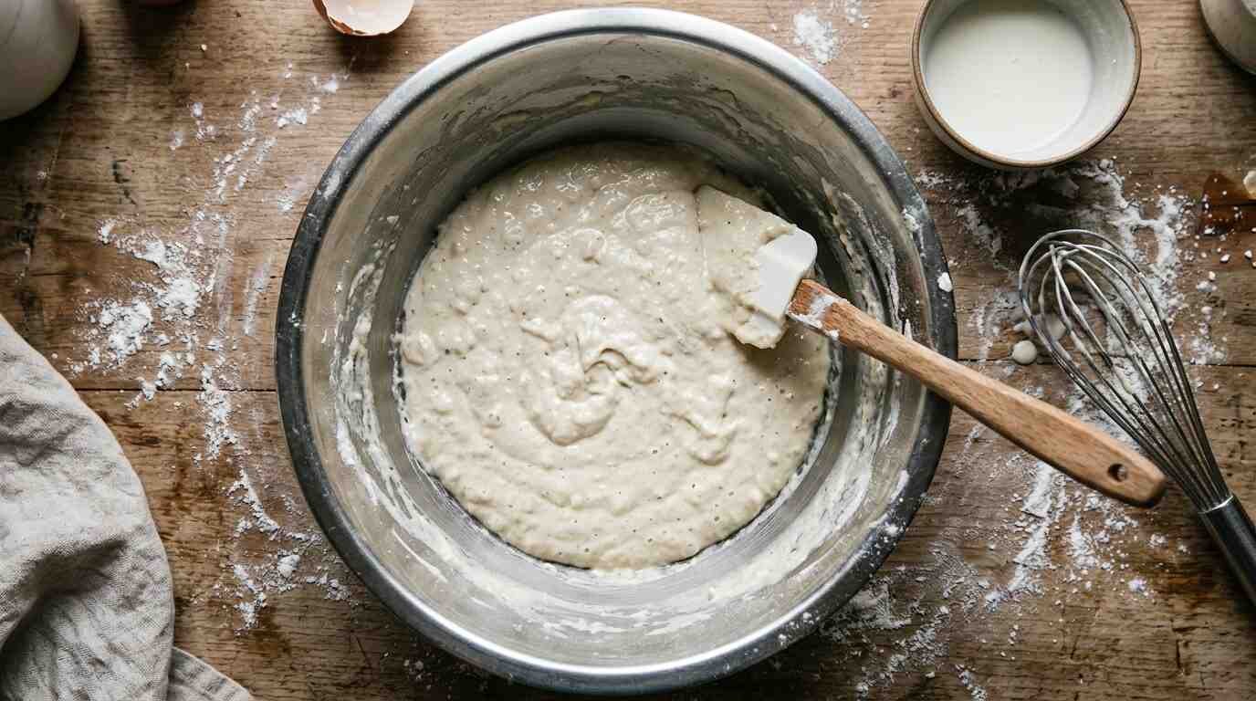 Pancake batter folded and lumpy in a stainless bowl