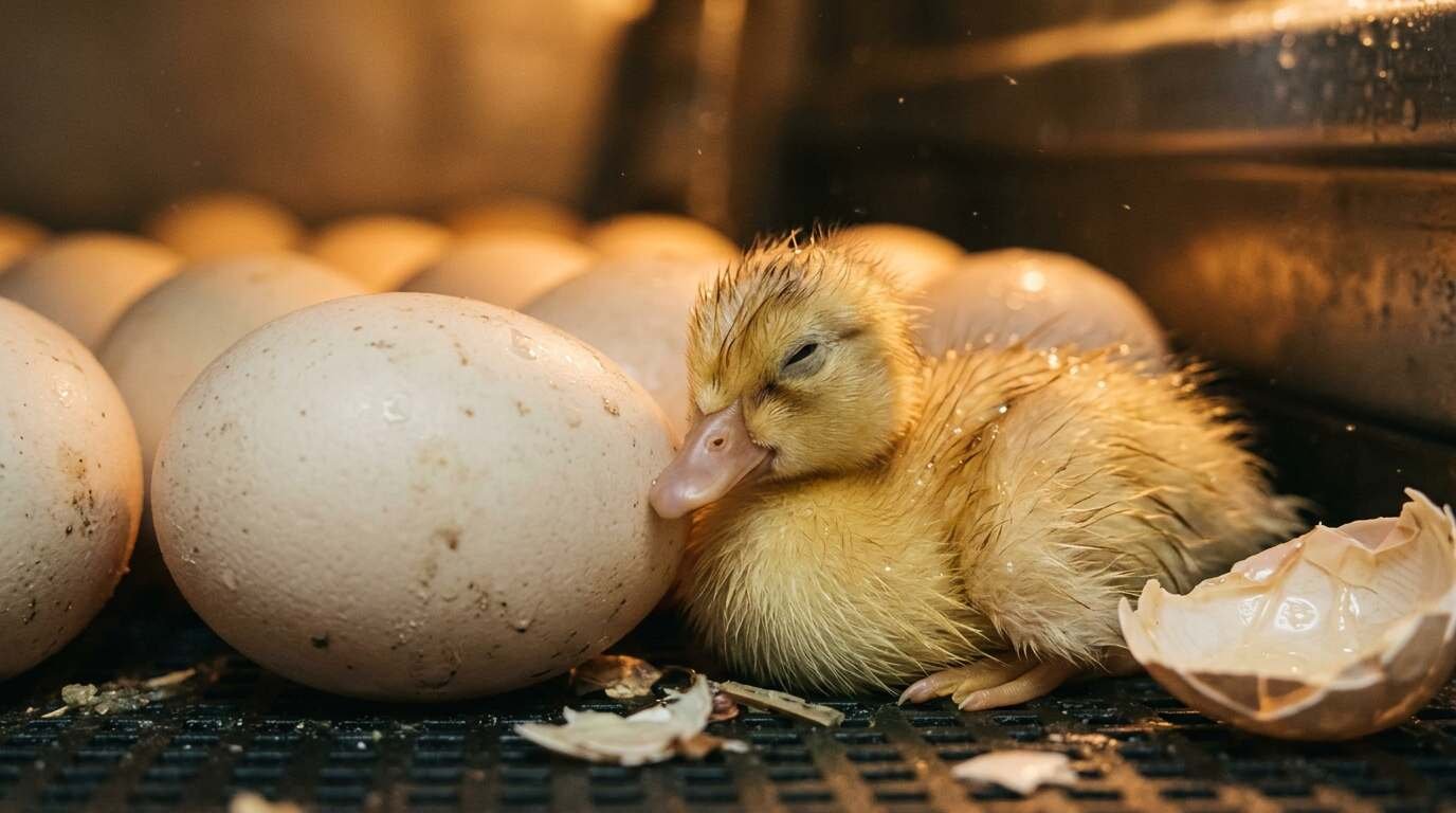 Newly hatched duckling in an incubator