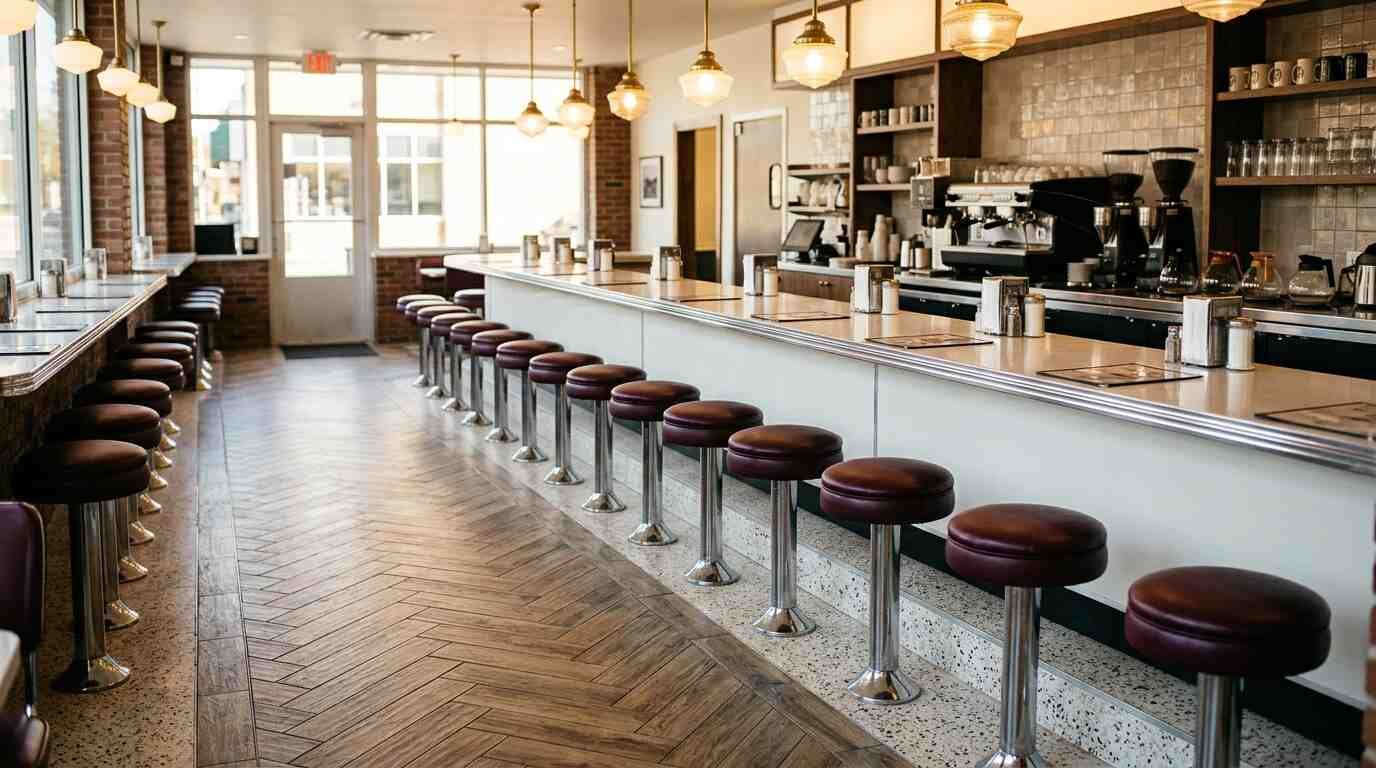 Newly rebuilt diner counter with fourteen upholstered stools and herringbone floor