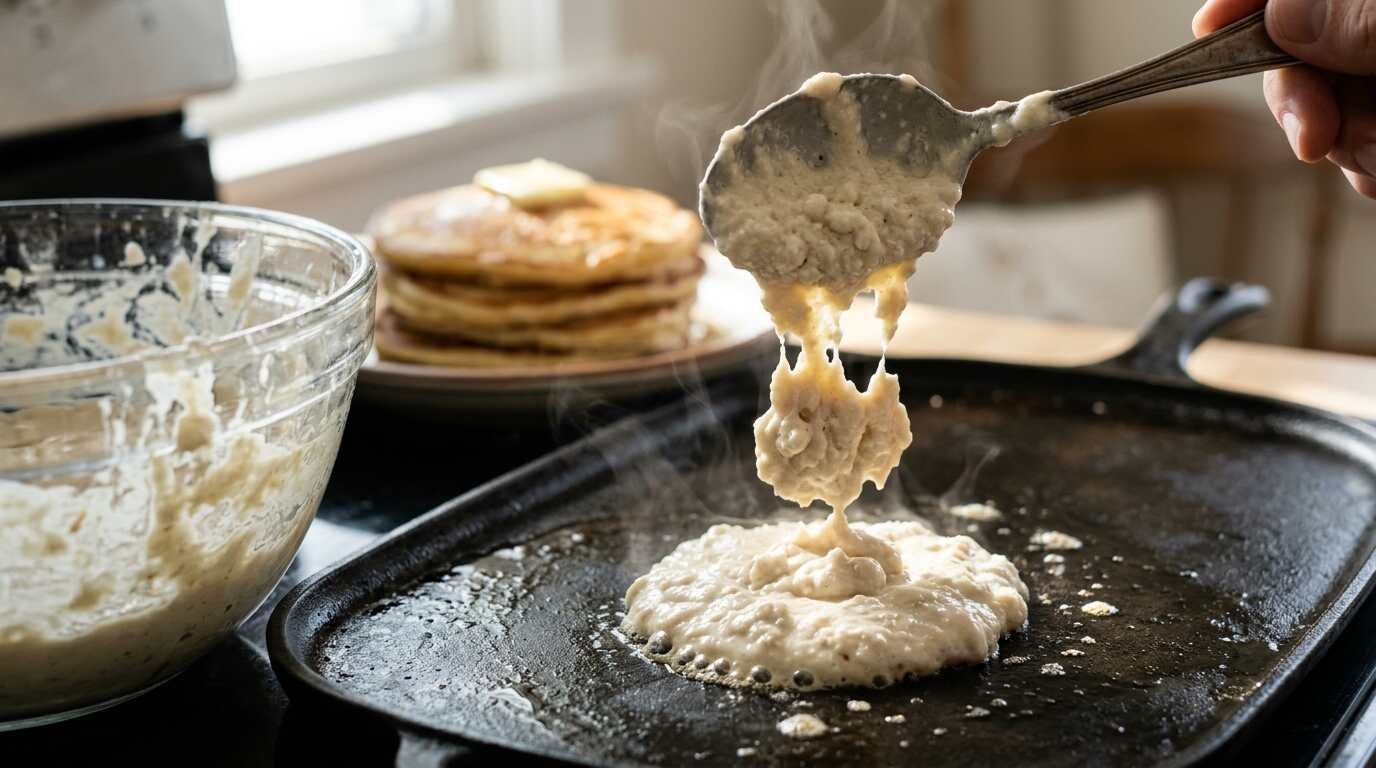 Pancake batter dropping onto a hot griddle