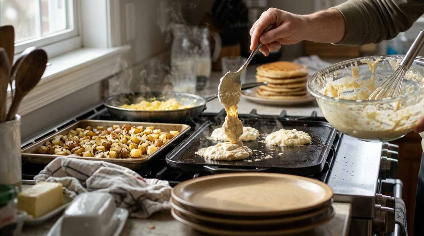 Home kitchen counter mid-service with home fries, pancake batter and scrambled eggs ready