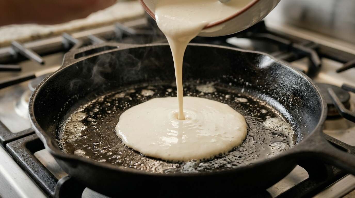 Thin batter poured into a buttered hot skillet
