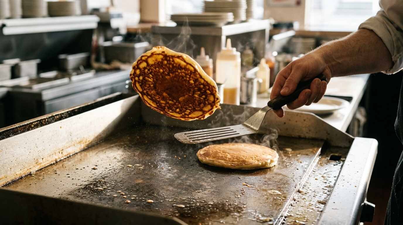 A pancake mid-flip above a diner griddle