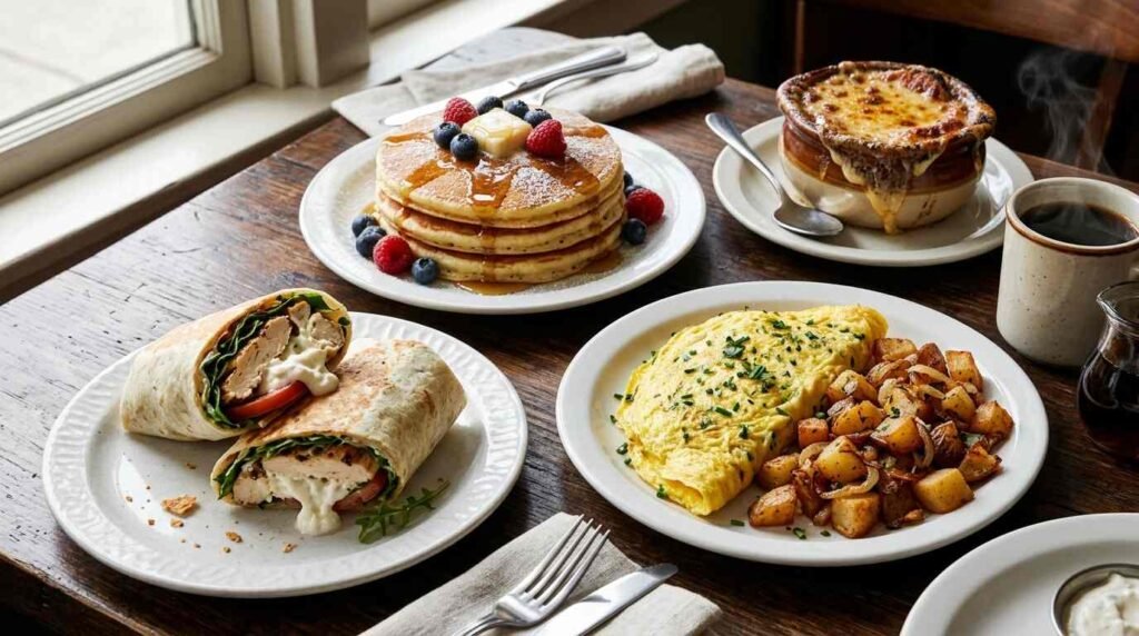 Diner table with pancakes, omelet, French onion soup and a chicken burrata wrap
