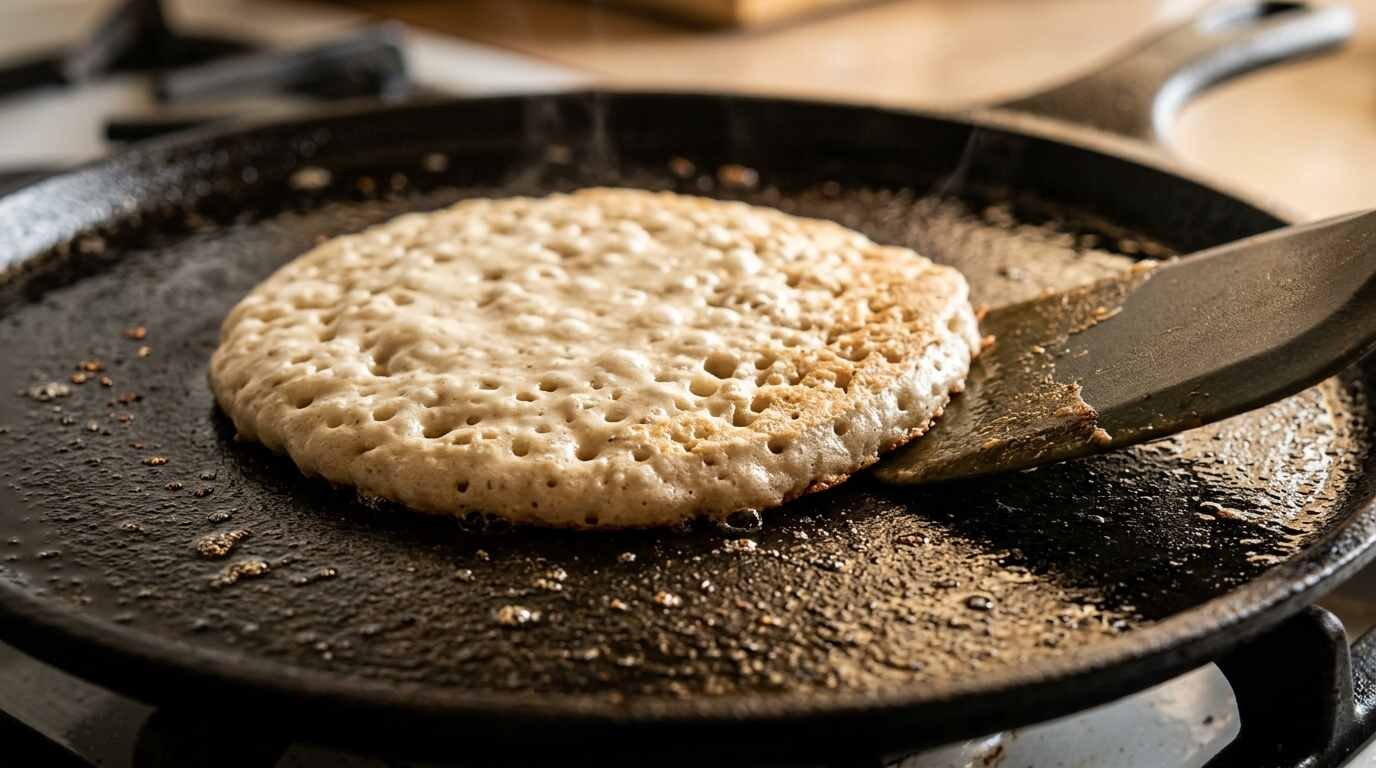 Pancakes with popped bubbles cooking on a cast iron griddle