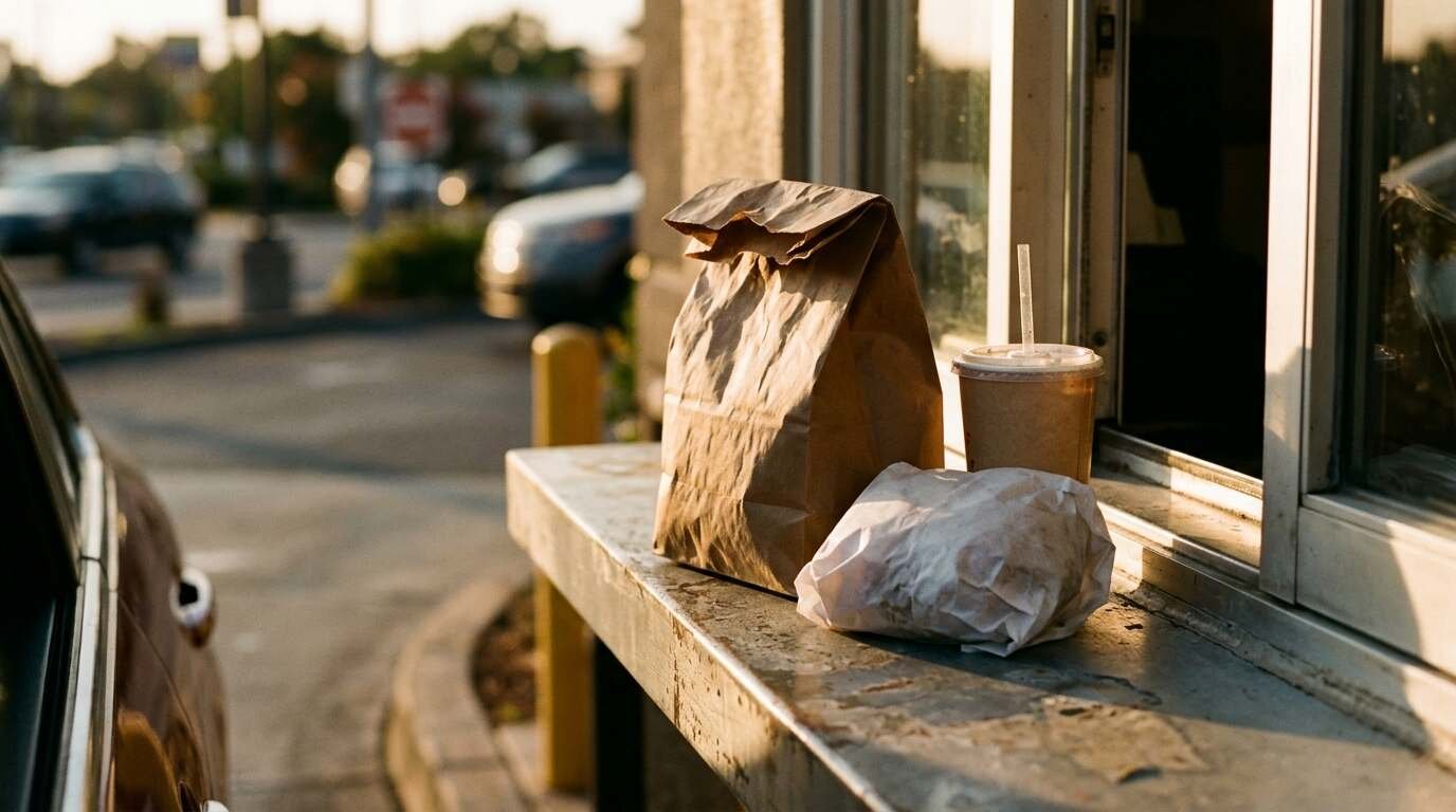 Paper takeout bag, wrapped sandwich and soda cup on a drive-thru window ledge