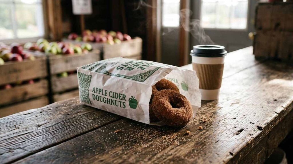 Warm apple cider doughnuts in a paper bag on a farm-stand counter