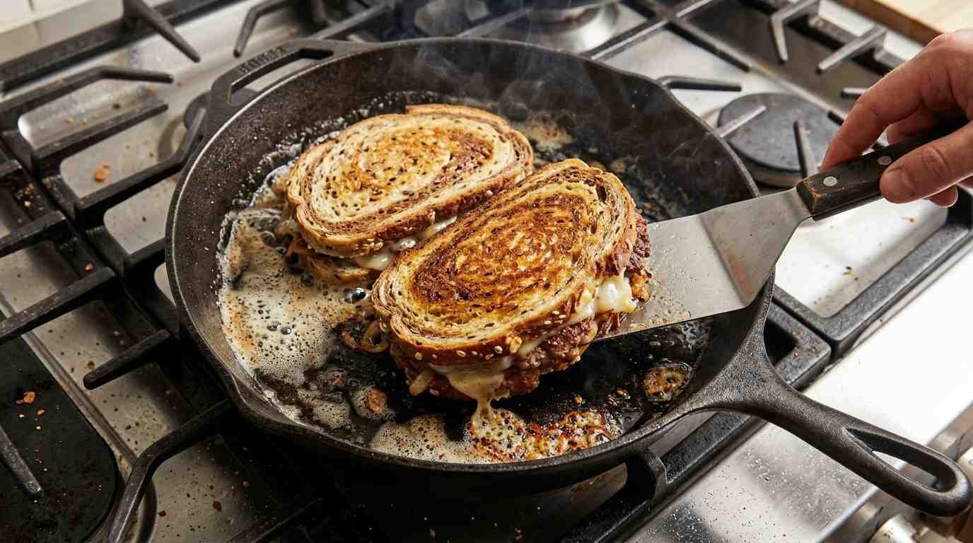 Two patty melts griddling in a cast iron skillet