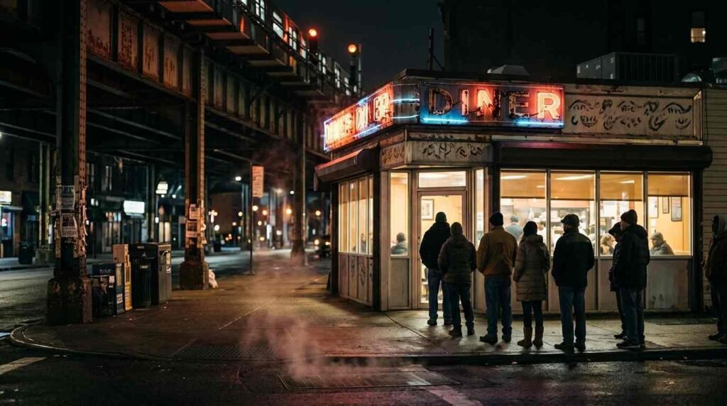 Night diner on a city corner under an elevated subway