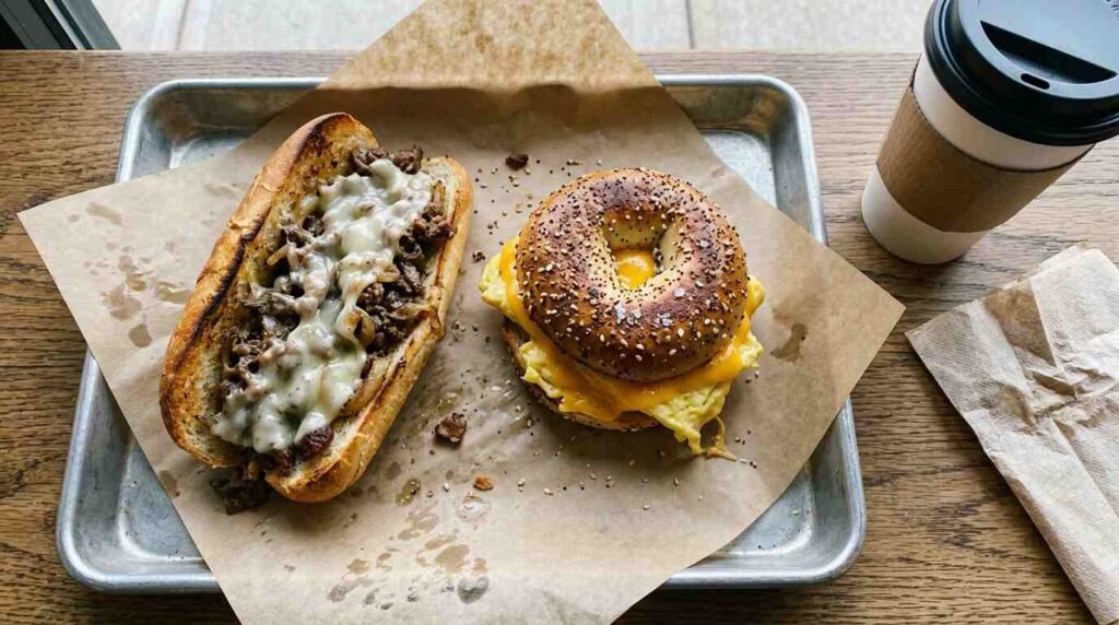Philly cheesesteak and a bagel breakfast sandwich