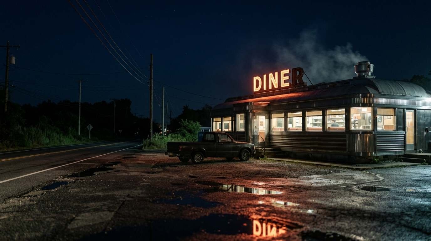 Pickup truck parked outside diner