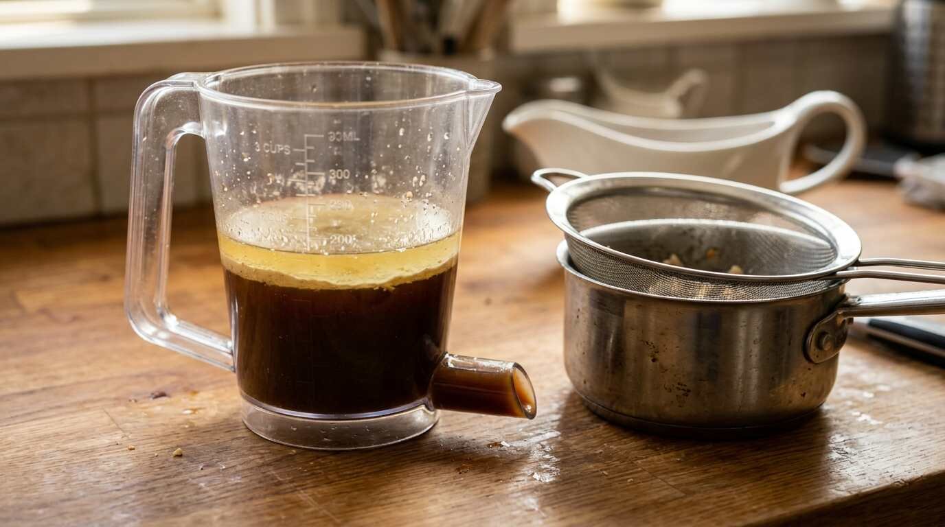 Fat separator with roasting-pan juices beside a fine-mesh strainer
