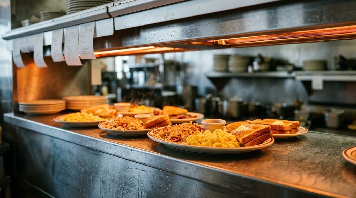Plates of eggs, toast and hash browns waiting under heat lamps at a diner kitchen pass-through window
