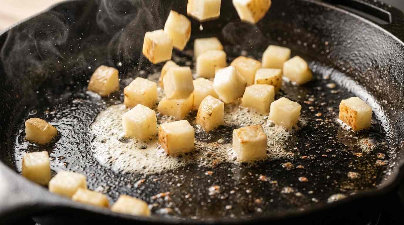 Potatoes frying in a single layer in a cast iron skillet