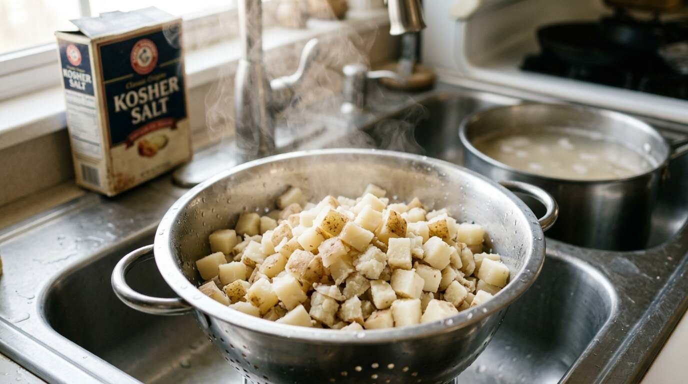 Potato cubes steaming in a colander