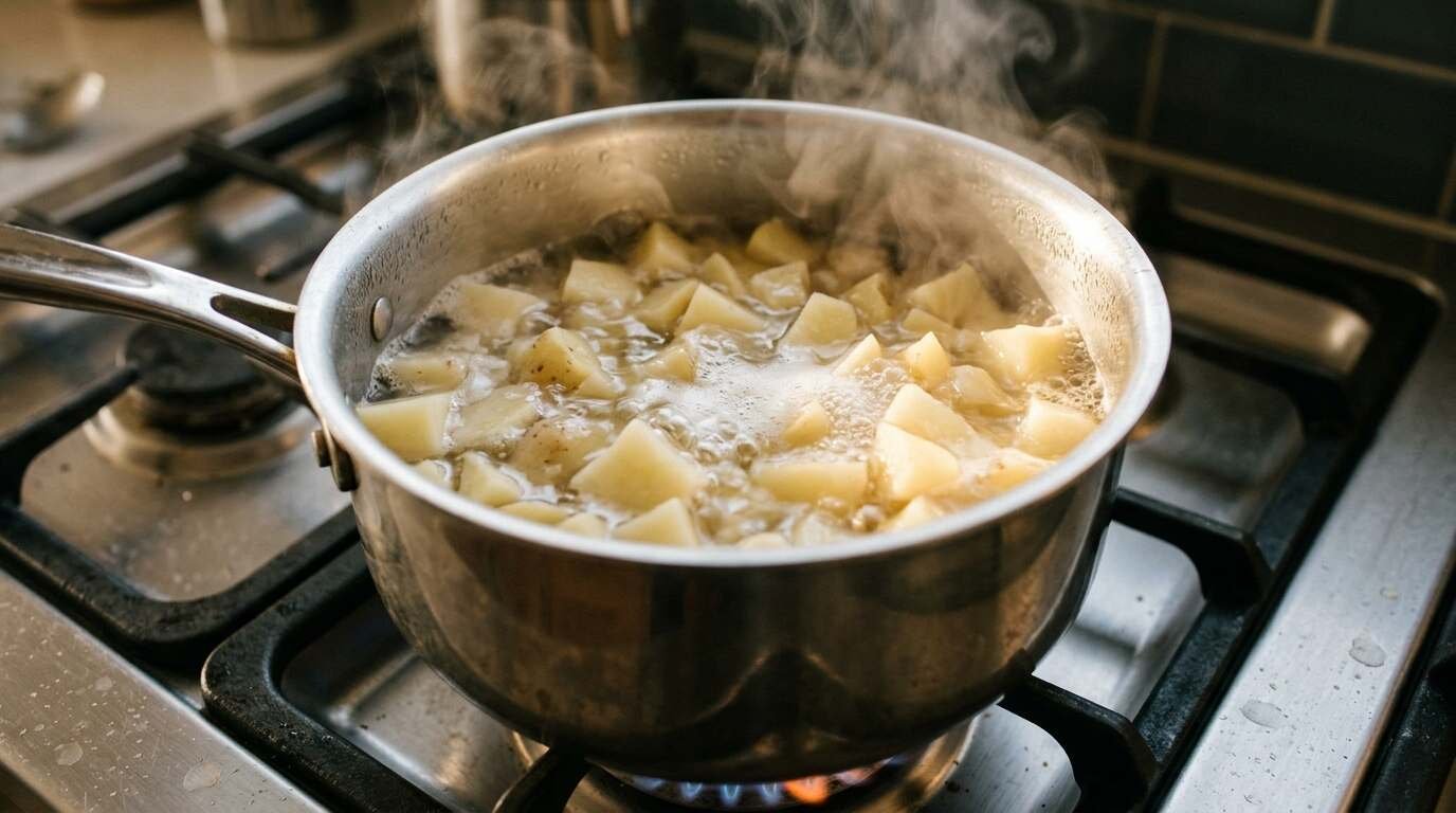 Diced potatoes boiling in a pot on the stove