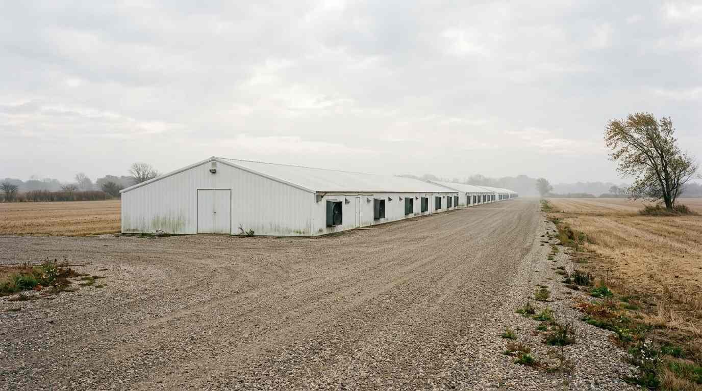 Empty poultry barns on farmland at Crescent Duck Farm, Aquebogue