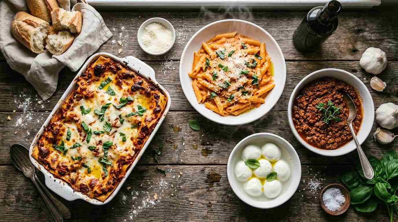 Prepared Italian dishes on a wooden counter including penne alla vodka and lasagna
