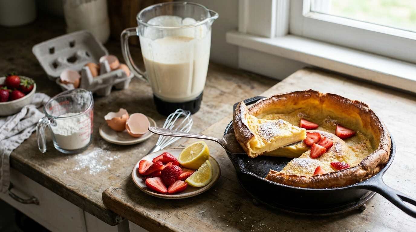 Blender pitcher of batter beside eggs and flour