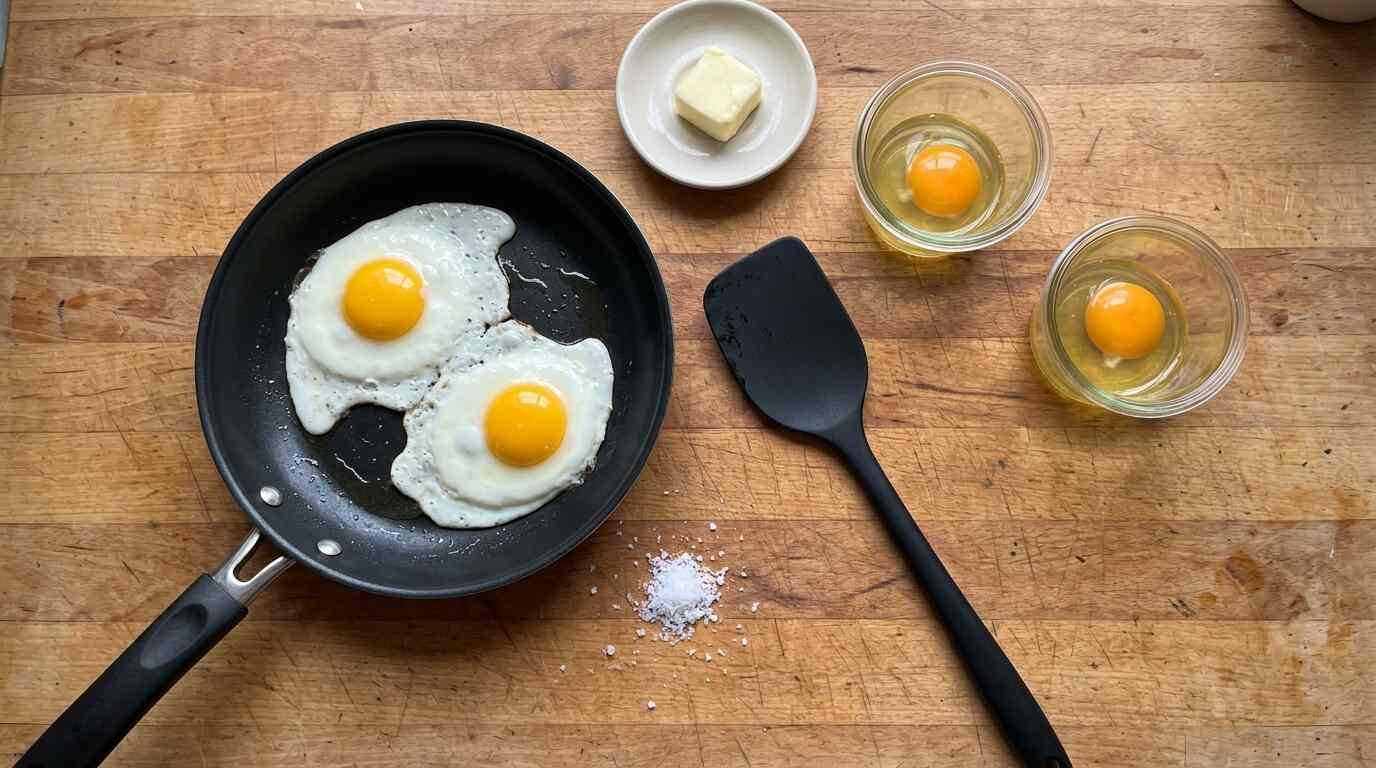 Eggs, turner, butter and salt prepped on a butcher block