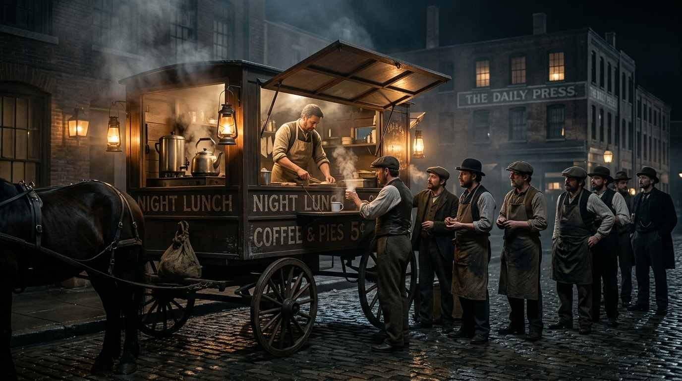 Printers in aprons lining up at a horse-drawn lunch wagon at night in the 1870s