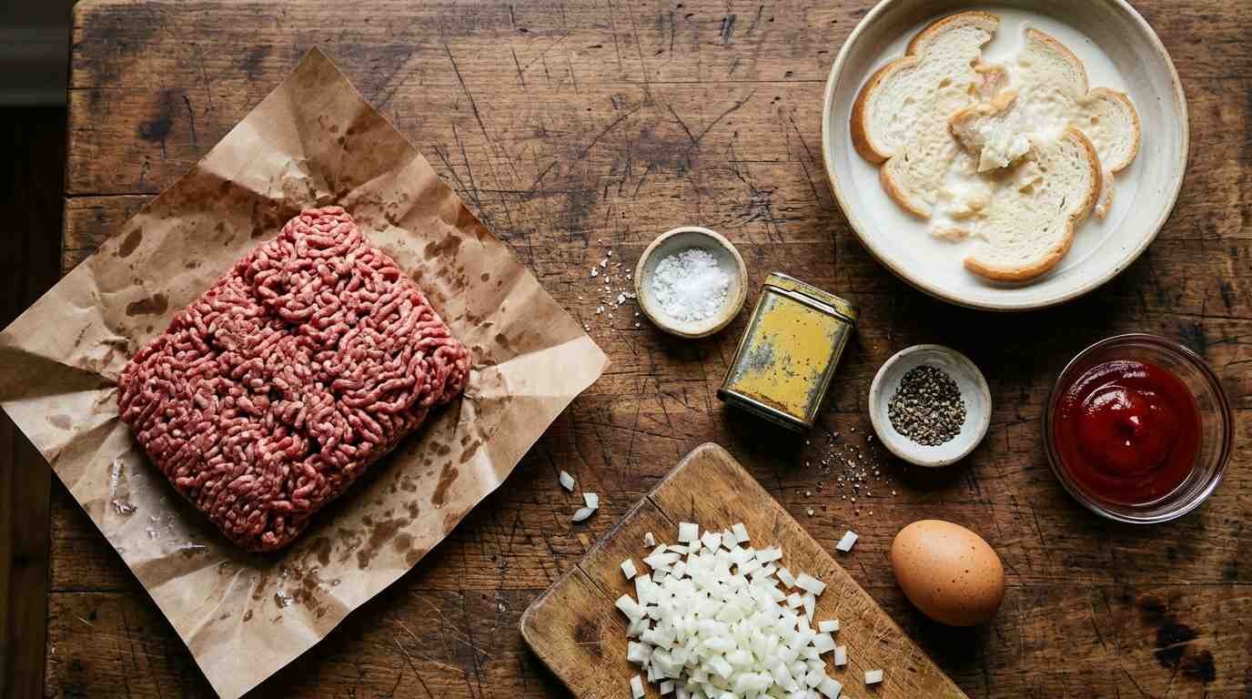 Raw meatloaf ingredients on a butcher-block table